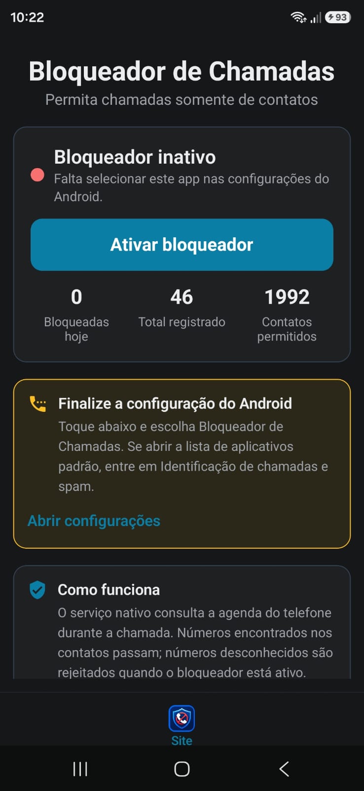 Tela inicial orientando a ativação do bloqueador