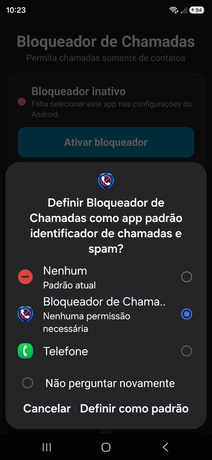 Android mostrando o Bloqueador de Chamadas como opção de identificador de chamadas e spam