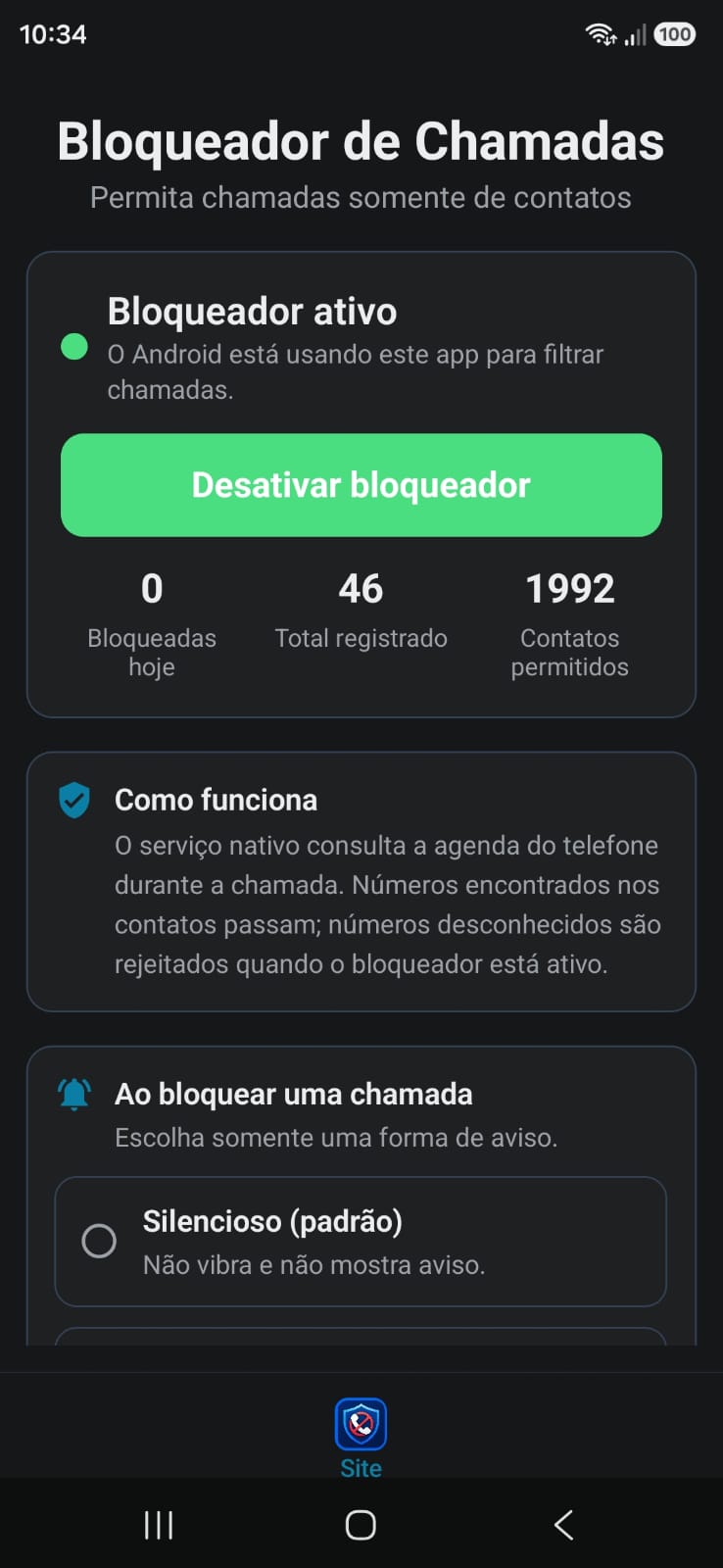 Tela real do Bloqueador de Chamadas mostrando a proteção ativa