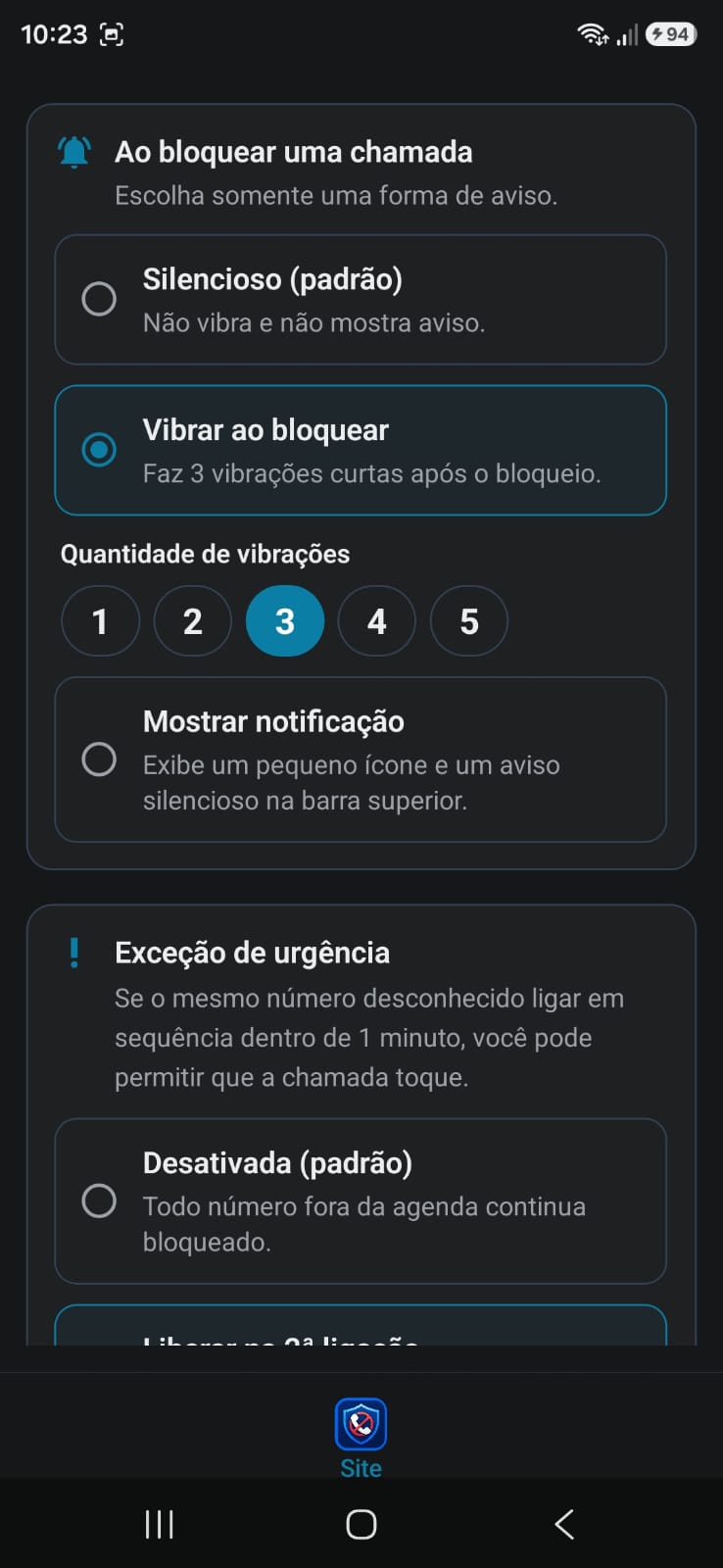 Opções de vibração, notificação e exceção de urgência
