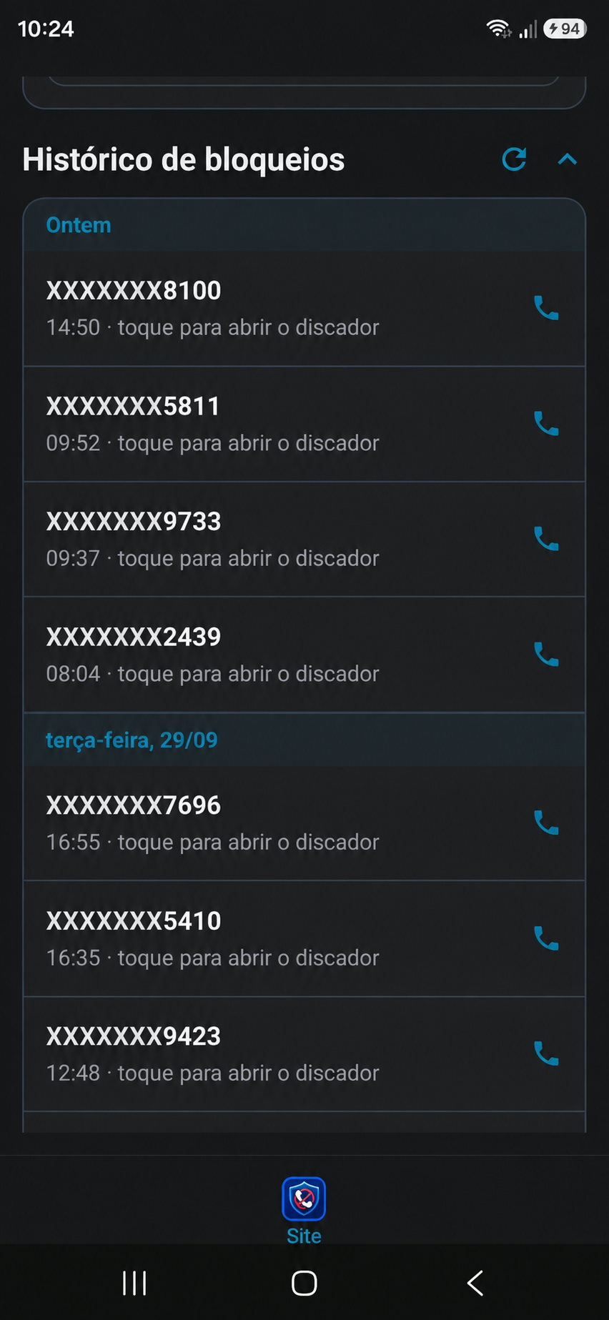 Histórico expandido de chamadas bloqueadas com os números anonimizados